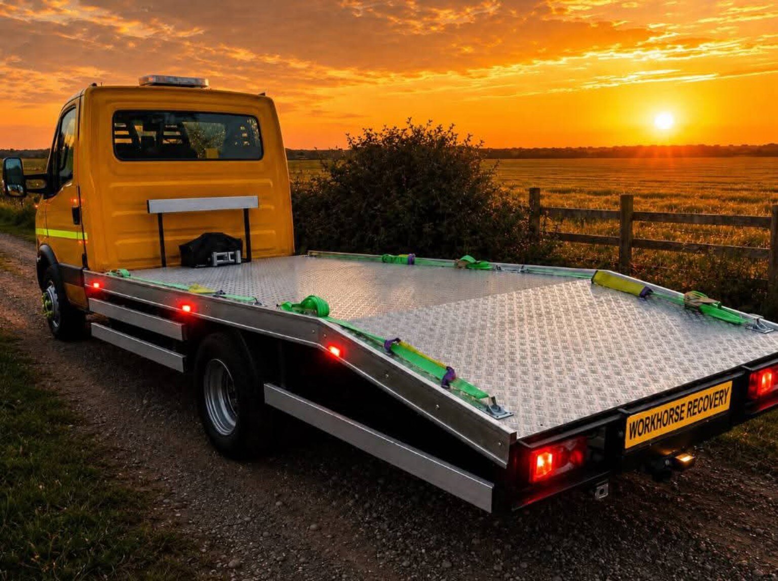 Workhorse Recovery truck and 15-foot bed at sunset